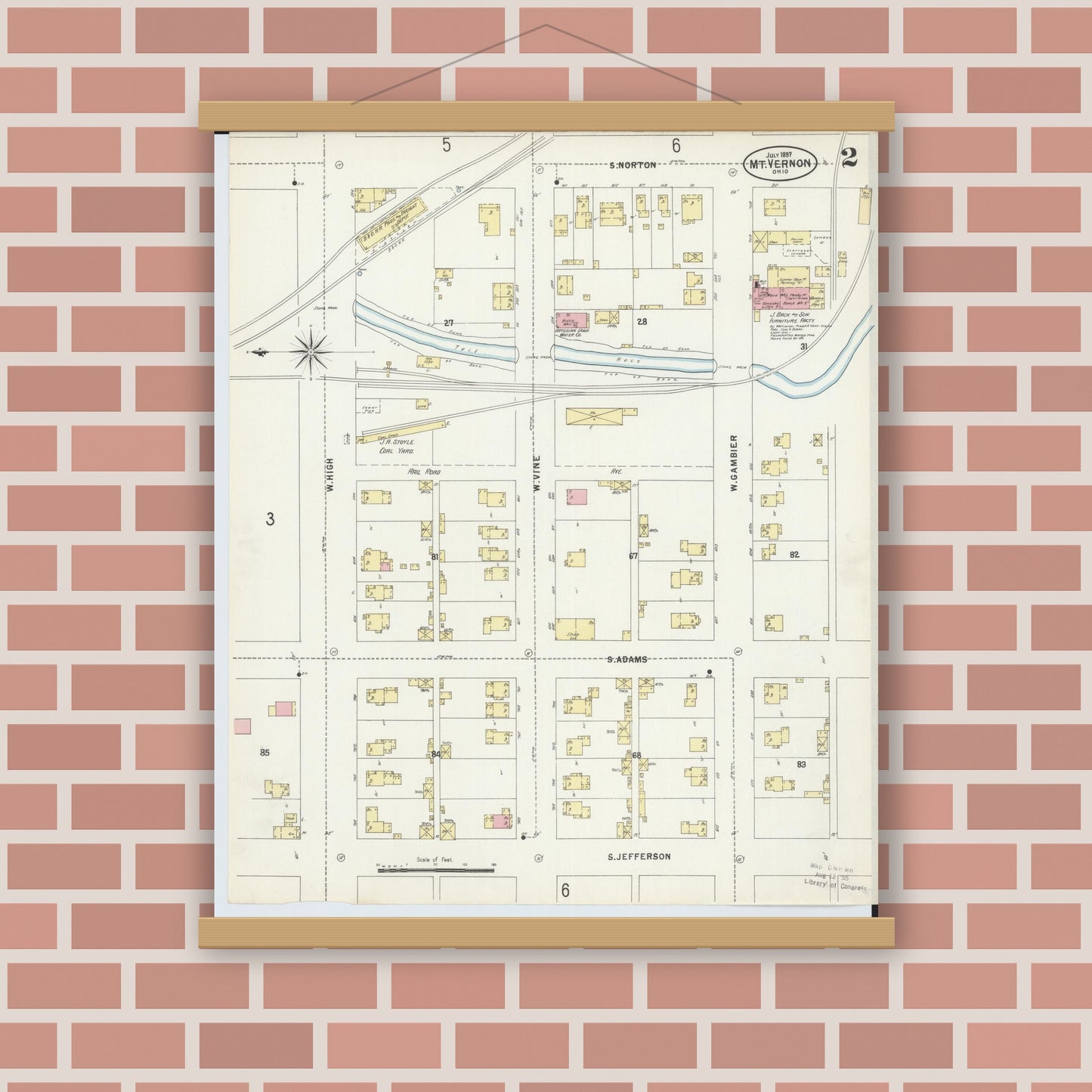 Old map wall art mockup — magnetic wood frame on brick wall — Sanborn Fire Insurance Map from Mount Vernon, Knox County, Ohio (1897), Sheet #0002