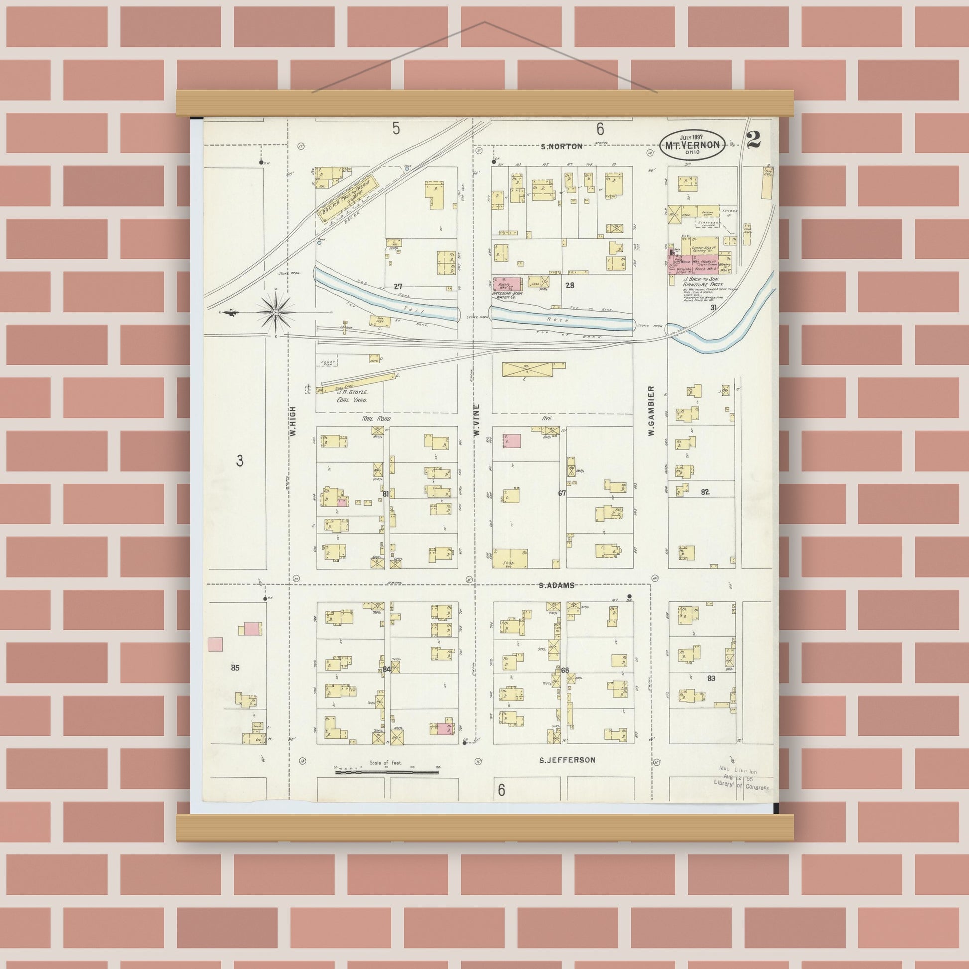 Old map wall art mockup — magnetic wood frame on brick wall — Sanborn Fire Insurance Map from Mount Vernon, Knox County, Ohio (1897), Sheet #0002