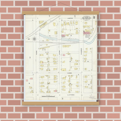 Old map wall art mockup — magnetic wood frame on brick wall — Sanborn Fire Insurance Map from Mount Vernon, Knox County, Ohio (1897), Sheet #0002
