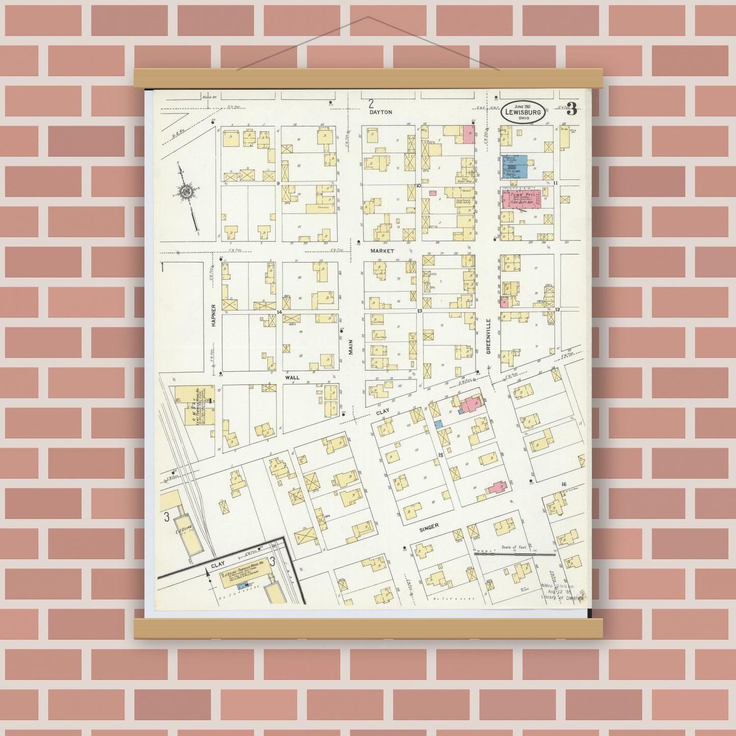 Old map wall art mockup — magnetic wood frame on brick wall — Sanborn Fire Insurance Map from Lewisburg, Preble County, Ohio (1911), Sheet #0003