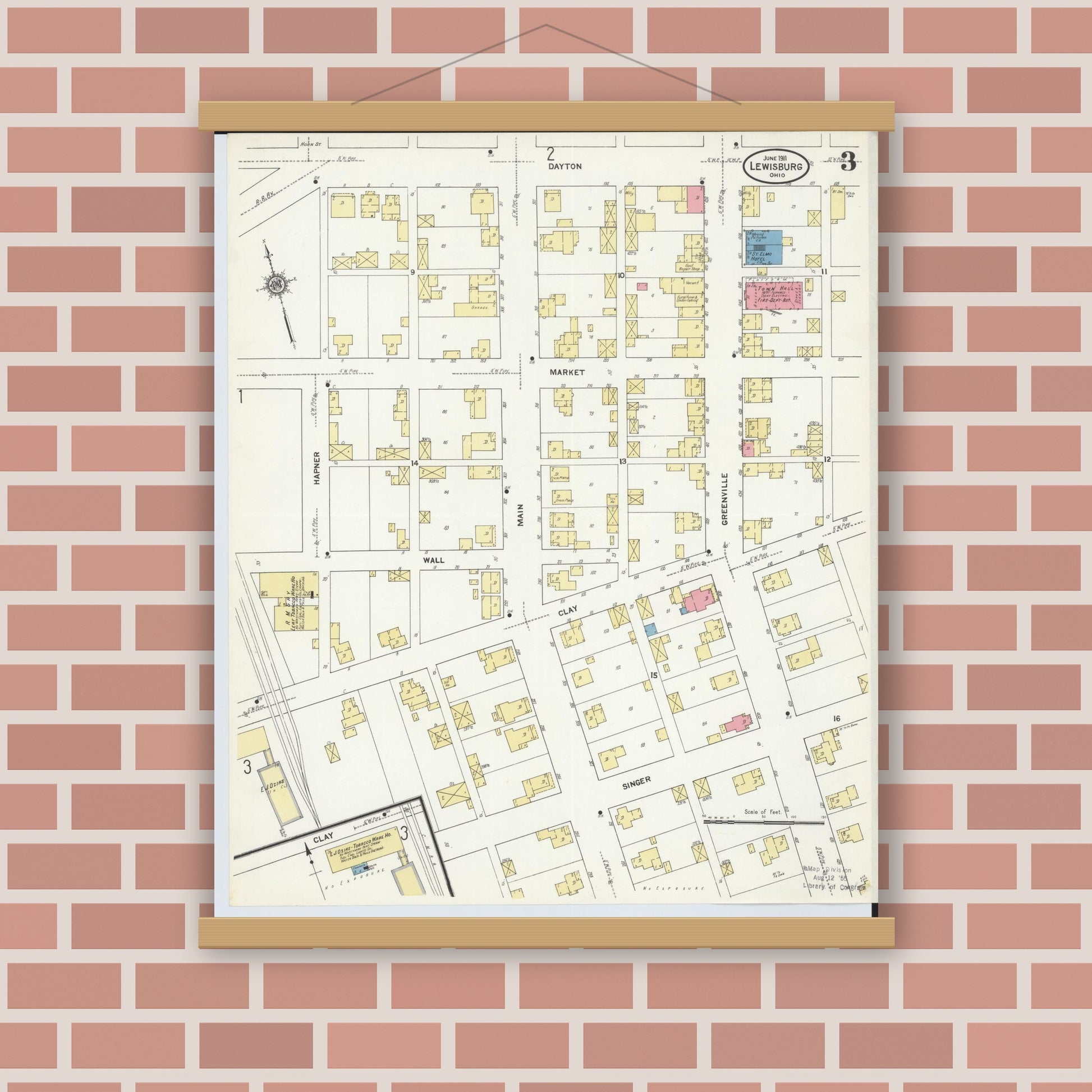 Old map wall art mockup — magnetic wood frame on brick wall — Sanborn Fire Insurance Map from Lewisburg, Preble County, Ohio (1911), Sheet #0003