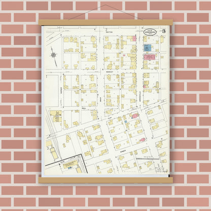 Old map wall art mockup — magnetic wood frame on brick wall — Sanborn Fire Insurance Map from Lewisburg, Preble County, Ohio (1911), Sheet #0003