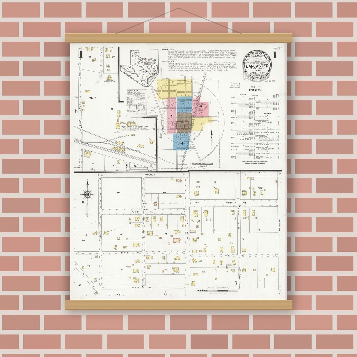 Old map wall art mockup — magnetic wood frame on brick wall — Sanborn Fire Insurance Map from Lancaster, Dallas County, Texas (1928), Sheet #0001