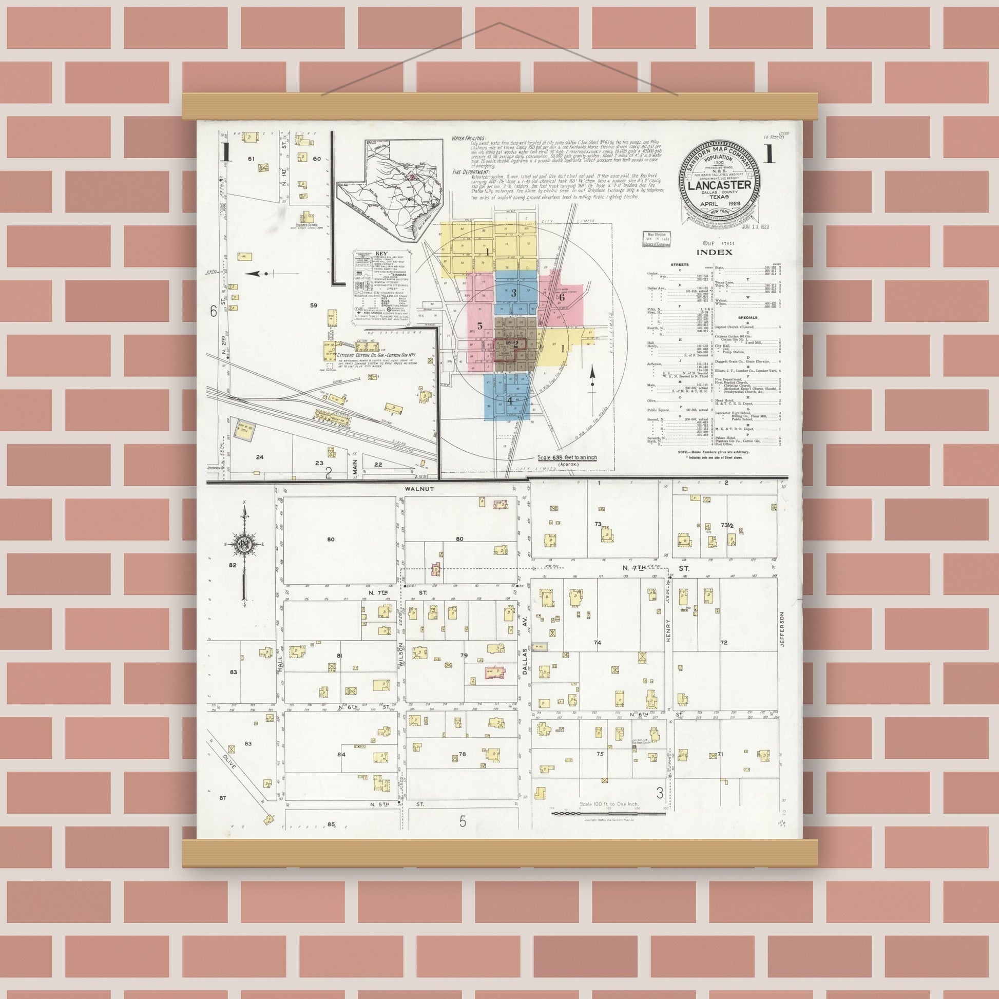 Old map wall art mockup — magnetic wood frame on brick wall — Sanborn Fire Insurance Map from Lancaster, Dallas County, Texas (1928), Sheet #0001
