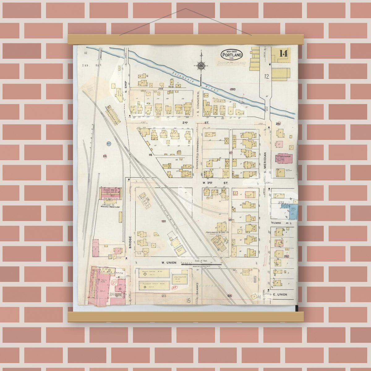 Old map wall art mockup — magnetic wood frame on brick wall — Sanborn Fire Insurance Map from Portland, Jay County, Indiana (1946), Sheet #0014