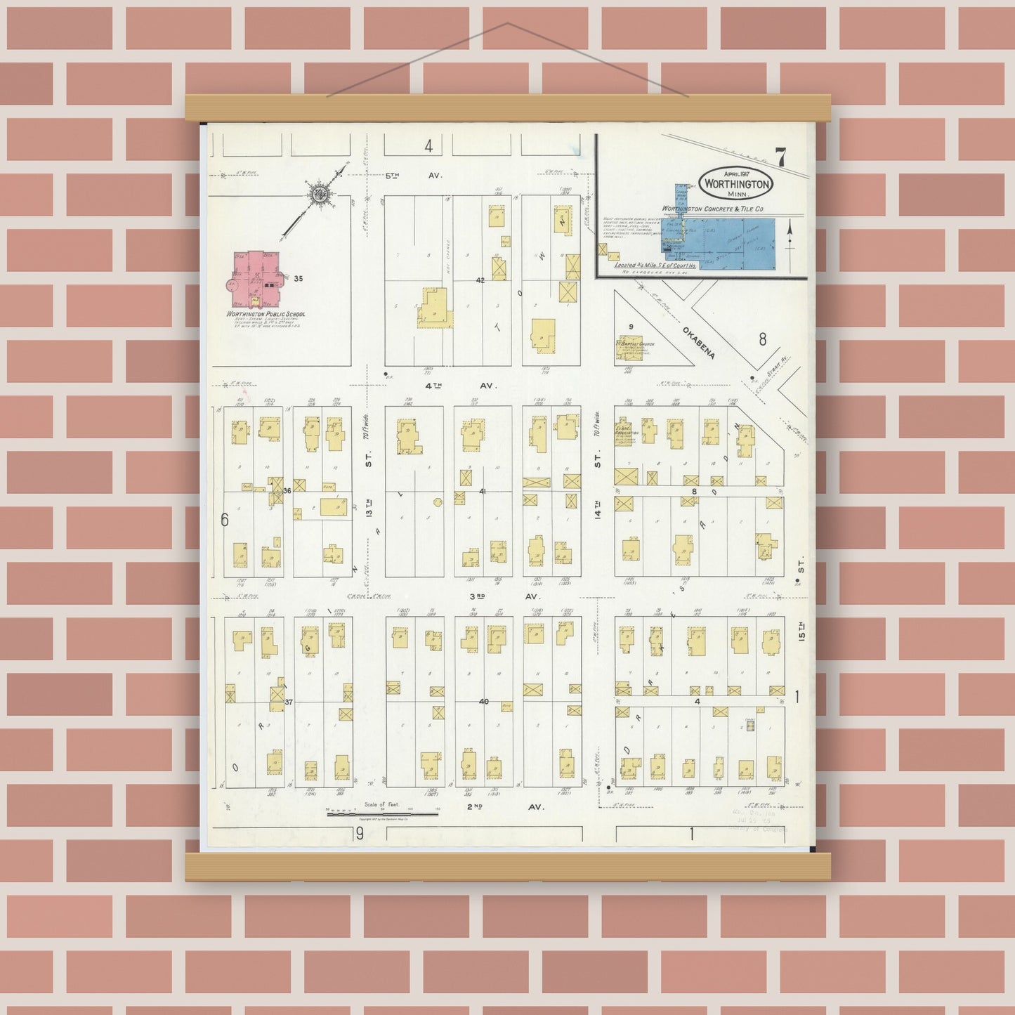Old map wall art mockup — magnetic wood frame on brick wall — Sanborn Fire Insurance Map from Worthington, Nobles County, Minnesota (1917), Sheet #0007