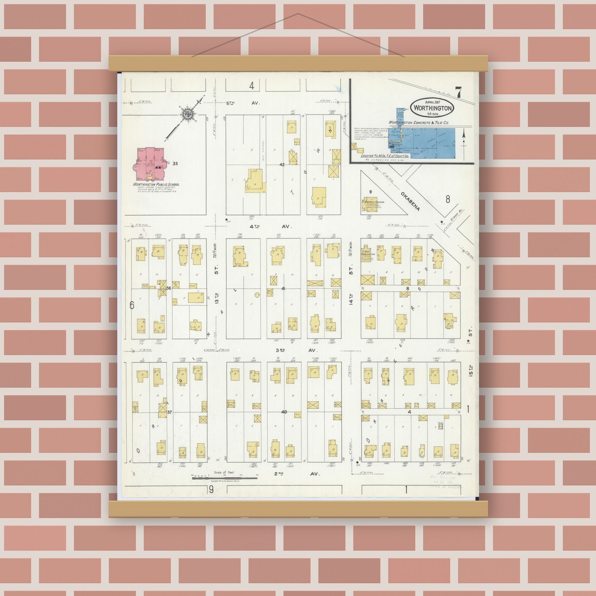 Old map wall art mockup — magnetic wood frame on brick wall — Sanborn Fire Insurance Map from Worthington, Nobles County, Minnesota (1917), Sheet #0007
