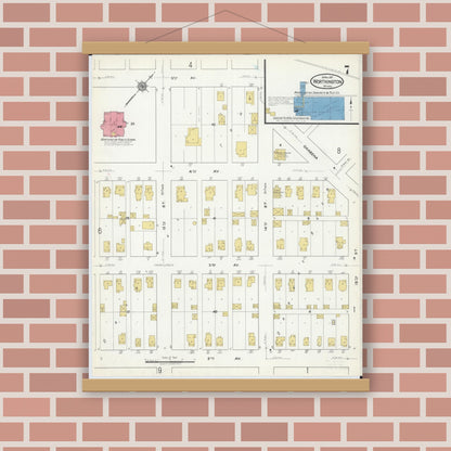 Old map wall art mockup — magnetic wood frame on brick wall — Sanborn Fire Insurance Map from Worthington, Nobles County, Minnesota (1917), Sheet #0007