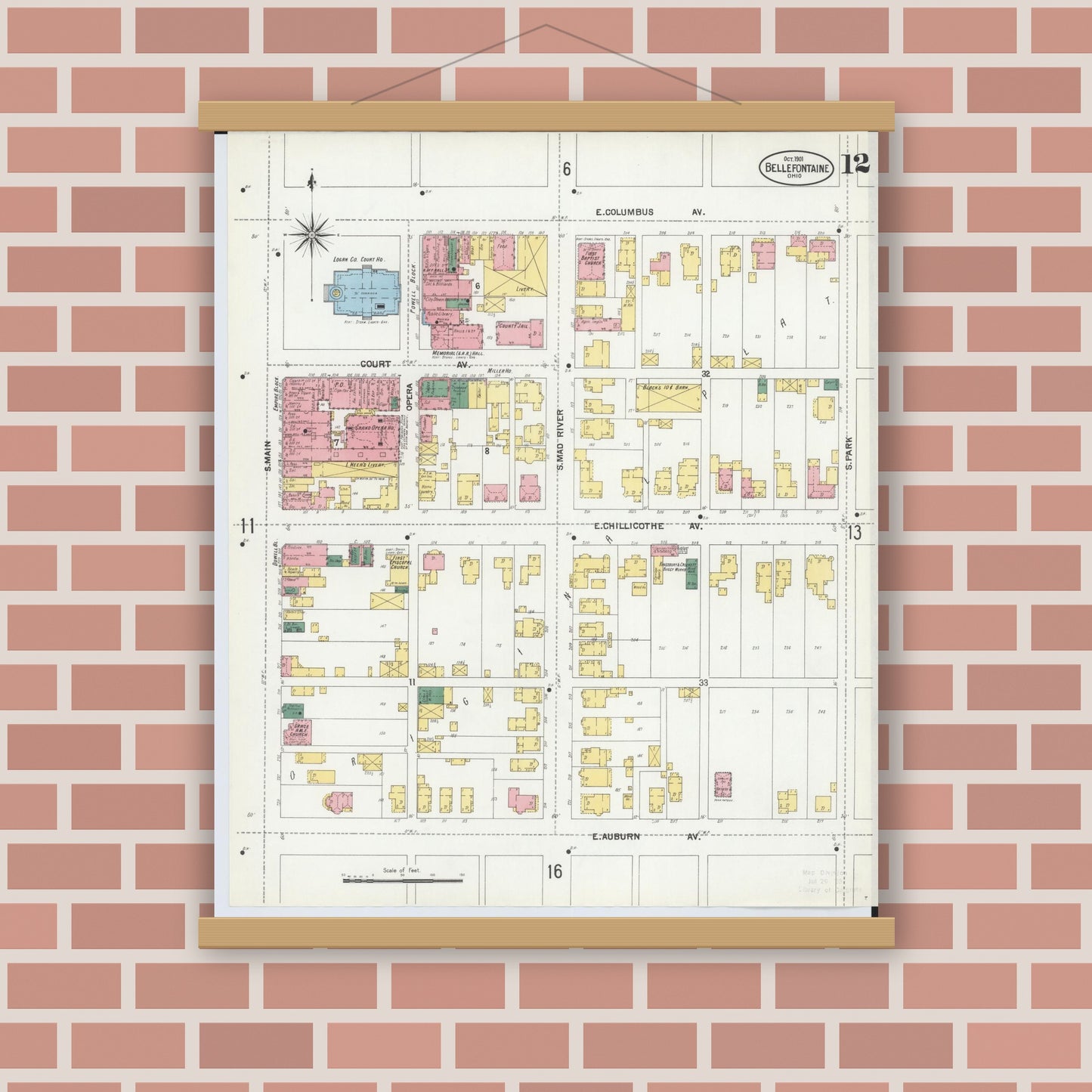 Old map wall art mockup — magnetic wood frame on brick wall — Sanborn Fire Insurance Map from Bellefontaine, Logan County, Ohio (1901), Sheet #0012