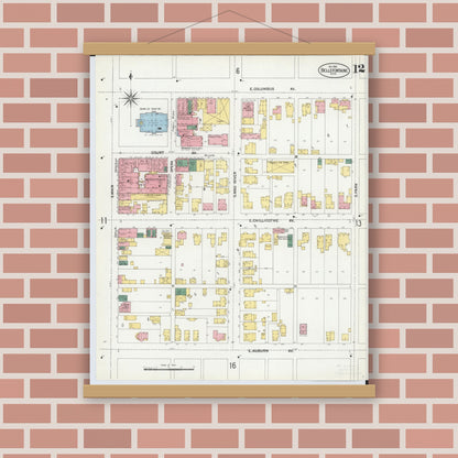 Old map wall art mockup — magnetic wood frame on brick wall — Sanborn Fire Insurance Map from Bellefontaine, Logan County, Ohio (1901), Sheet #0012