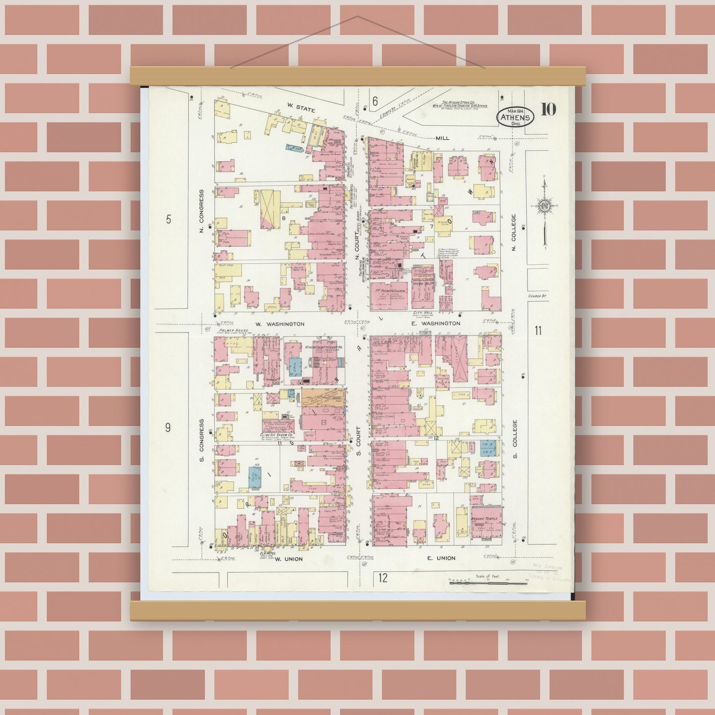 Old map wall art mockup — magnetic wood frame on brick wall — Sanborn Fire Insurance Map from Athens, Athens County, Ohio (1914), Sheet #0010