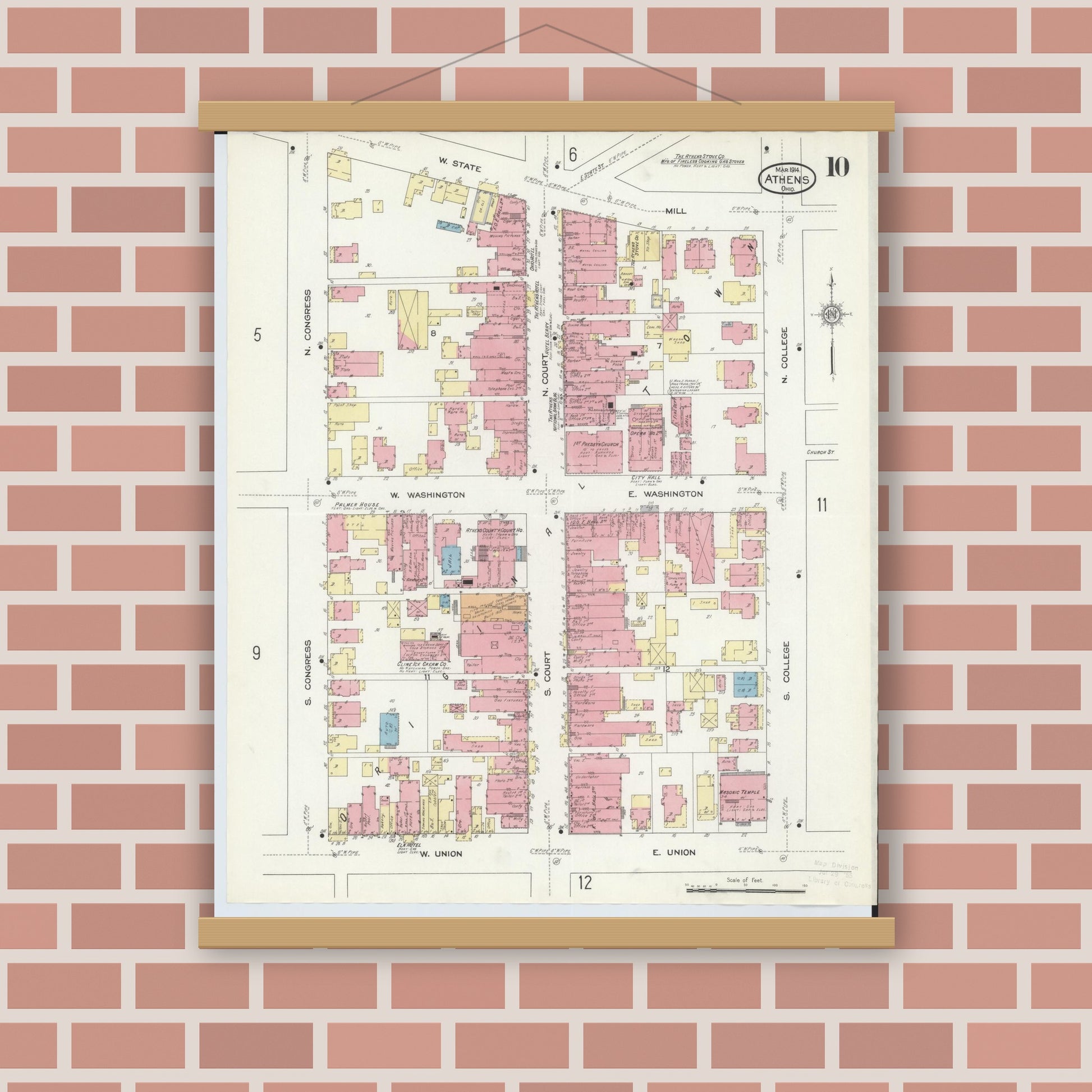 Old map wall art mockup — magnetic wood frame on brick wall — Sanborn Fire Insurance Map from Athens, Athens County, Ohio (1914), Sheet #0010