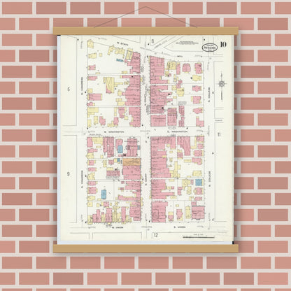 Old map wall art mockup — magnetic wood frame on brick wall — Sanborn Fire Insurance Map from Athens, Athens County, Ohio (1914), Sheet #0010