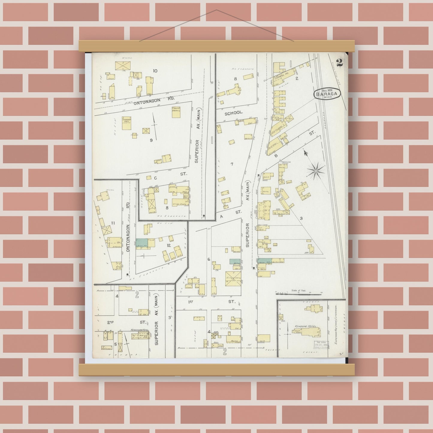 Old map wall art mockup — magnetic wood frame on brick wall — Sanborn Fire Insurance Map from Baraga, Baraga County, Michigan (1892), Sheet #0002