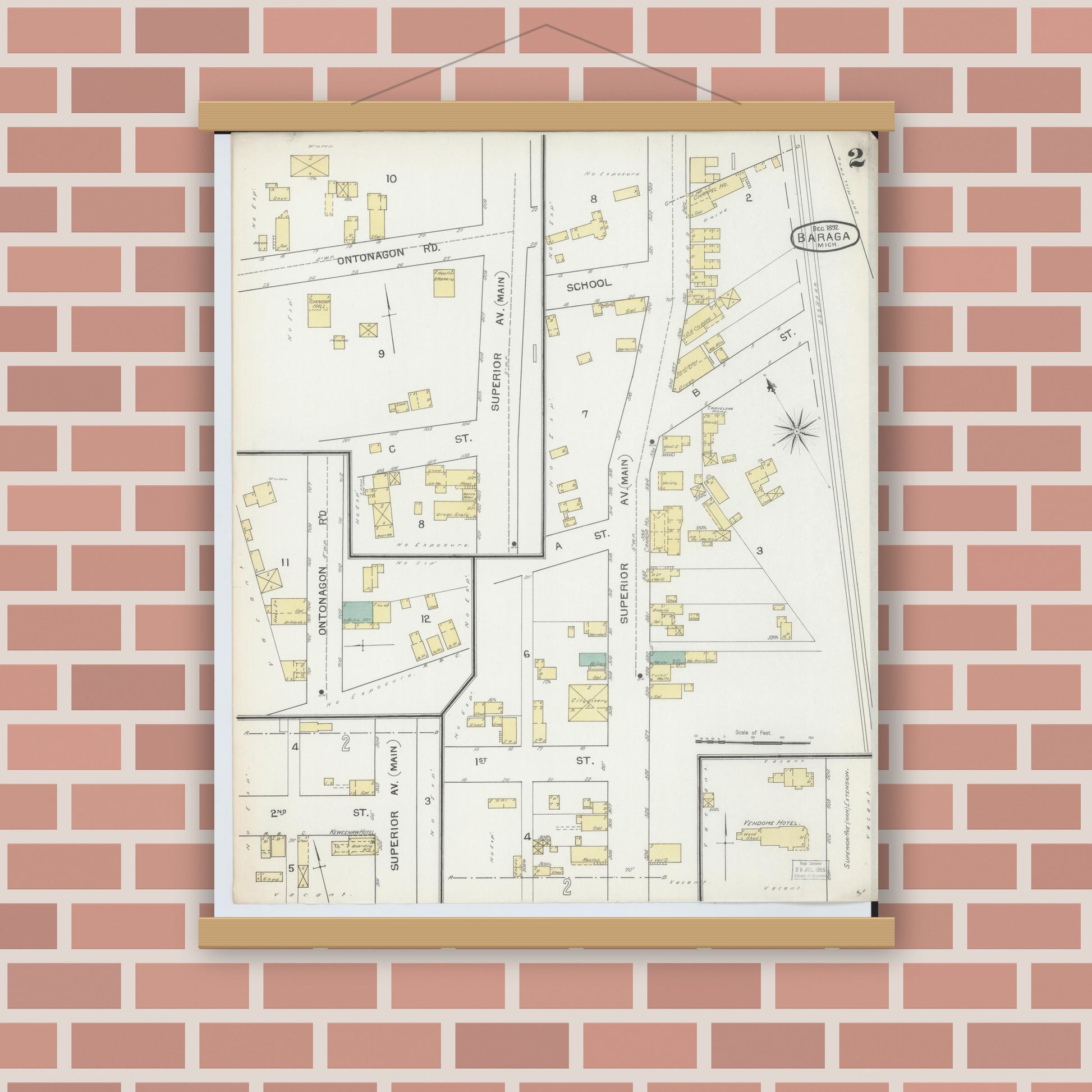 Old map wall art mockup — magnetic wood frame on brick wall — Sanborn Fire Insurance Map from Baraga, Baraga County, Michigan (1892), Sheet #0002