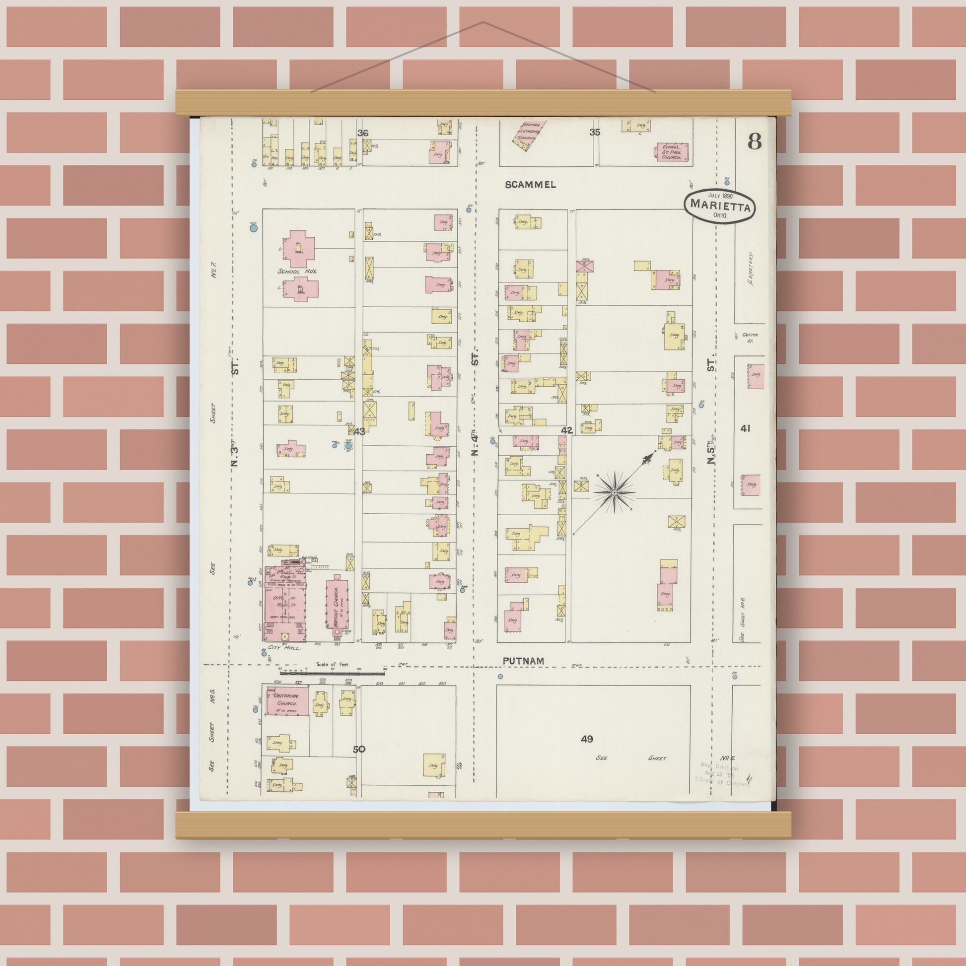 Old map wall art mockup — magnetic wood frame on brick wall — Sanborn Fire Insurance Map from Marietta, Washington County, Ohio (1890), Sheet #0008