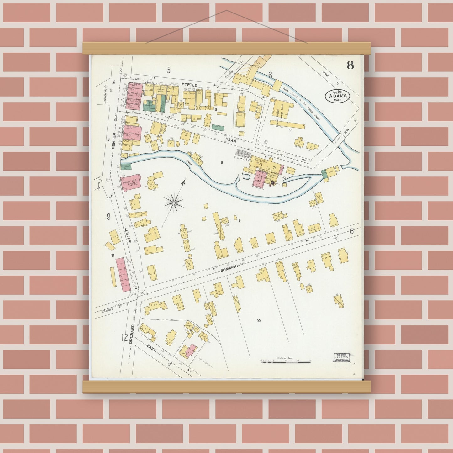 Old map wall art mockup — magnetic wood frame on brick wall — Sanborn Fire Insurance Map from Adams, Berkshire County, Massachusetts (1901), Sheet #0008
