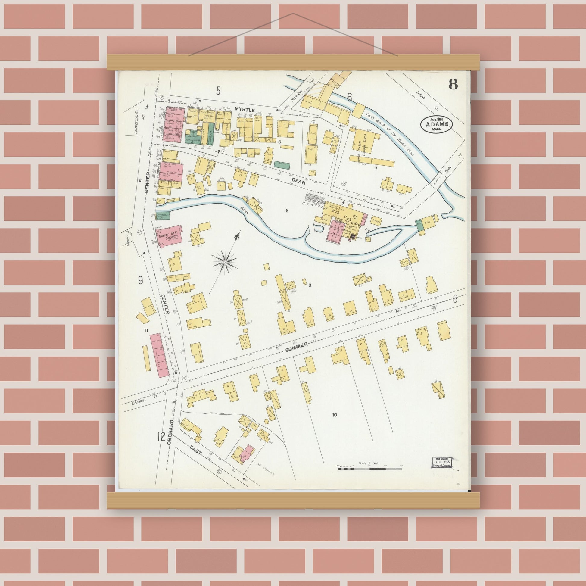 Old map wall art mockup — magnetic wood frame on brick wall — Sanborn Fire Insurance Map from Adams, Berkshire County, Massachusetts (1901), Sheet #0008