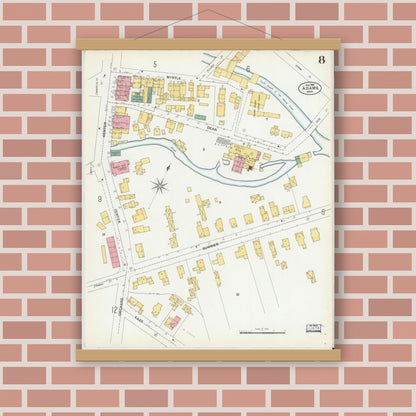 Old map wall art mockup — magnetic wood frame on brick wall — Sanborn Fire Insurance Map from Adams, Berkshire County, Massachusetts (1901), Sheet #0008