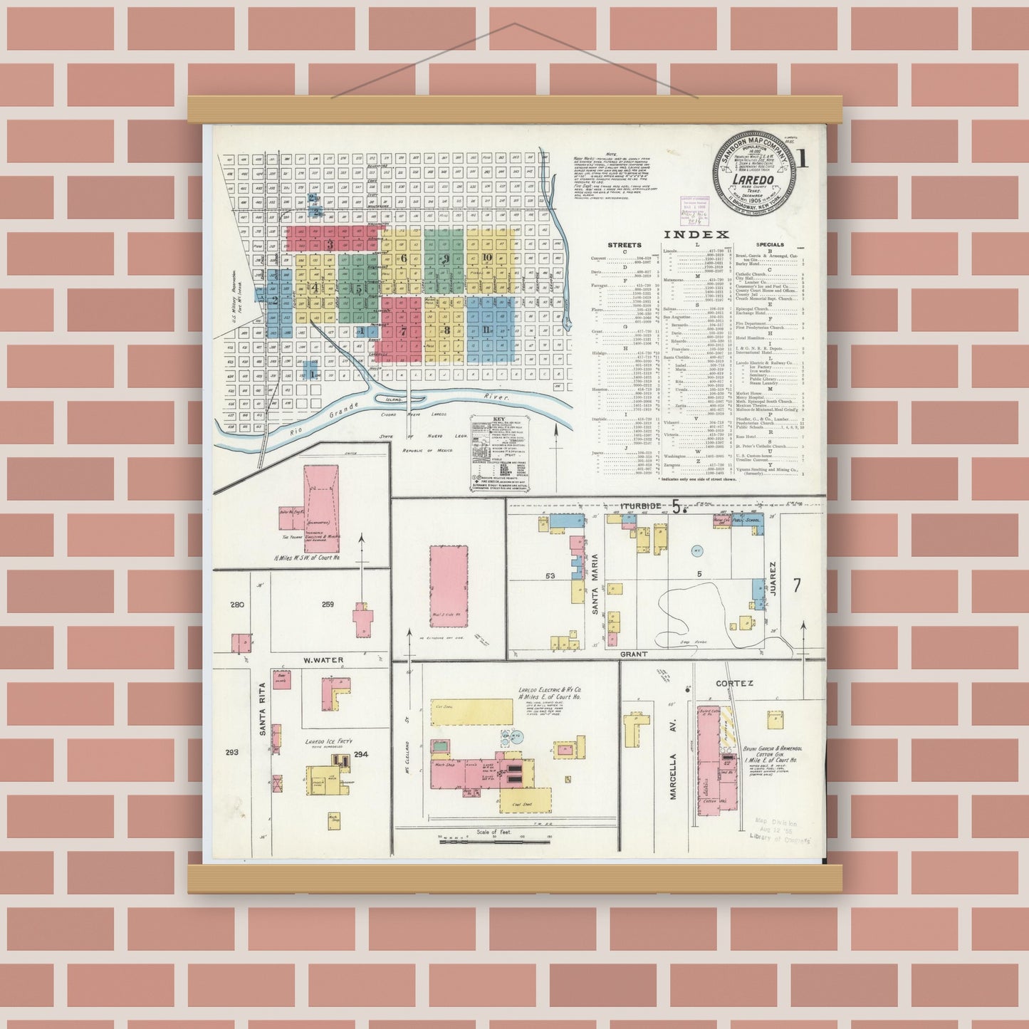 Old map wall art mockup — magnetic wood frame on brick wall — Sanborn Fire Insurance Map from Laredo, Webb County, Texas (1905), Sheet #0001