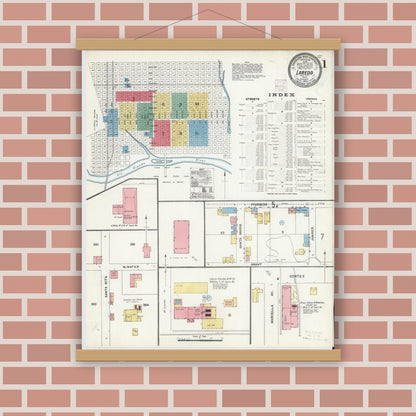 Old map wall art mockup — magnetic wood frame on brick wall — Sanborn Fire Insurance Map from Laredo, Webb County, Texas (1905), Sheet #0001
