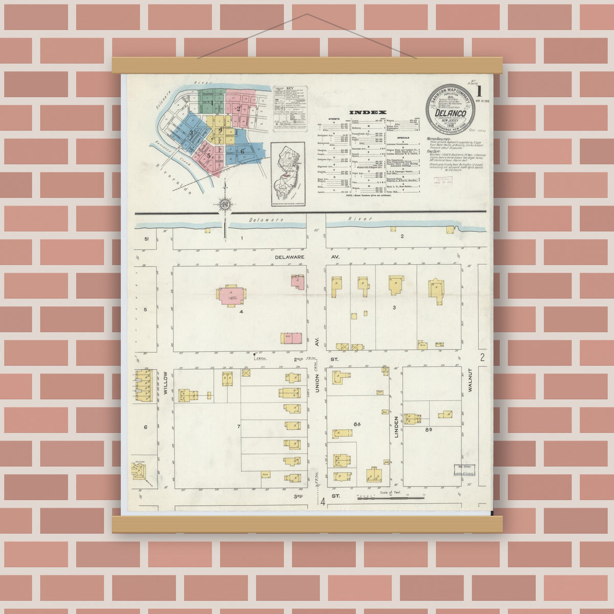 Old map wall art mockup — magnetic wood frame on brick wall — Sanborn Fire Insurance Map from Delanco, Burlington County, New Jersey (1915), Sheet #0001