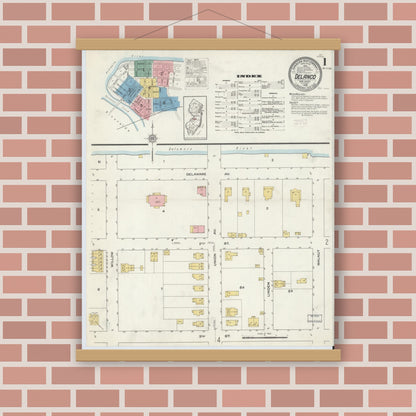 Old map wall art mockup — magnetic wood frame on brick wall — Sanborn Fire Insurance Map from Delanco, Burlington County, New Jersey (1915), Sheet #0001