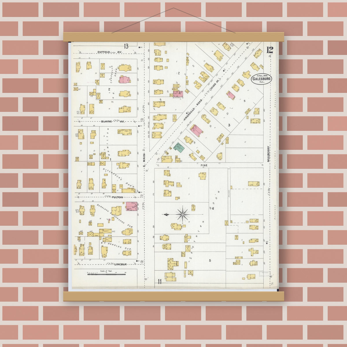 Old map wall art mockup — magnetic wood frame on brick wall — Sanborn Fire Insurance Map from Galesburg, Knox County, Illinois (1906), Sheet #0012