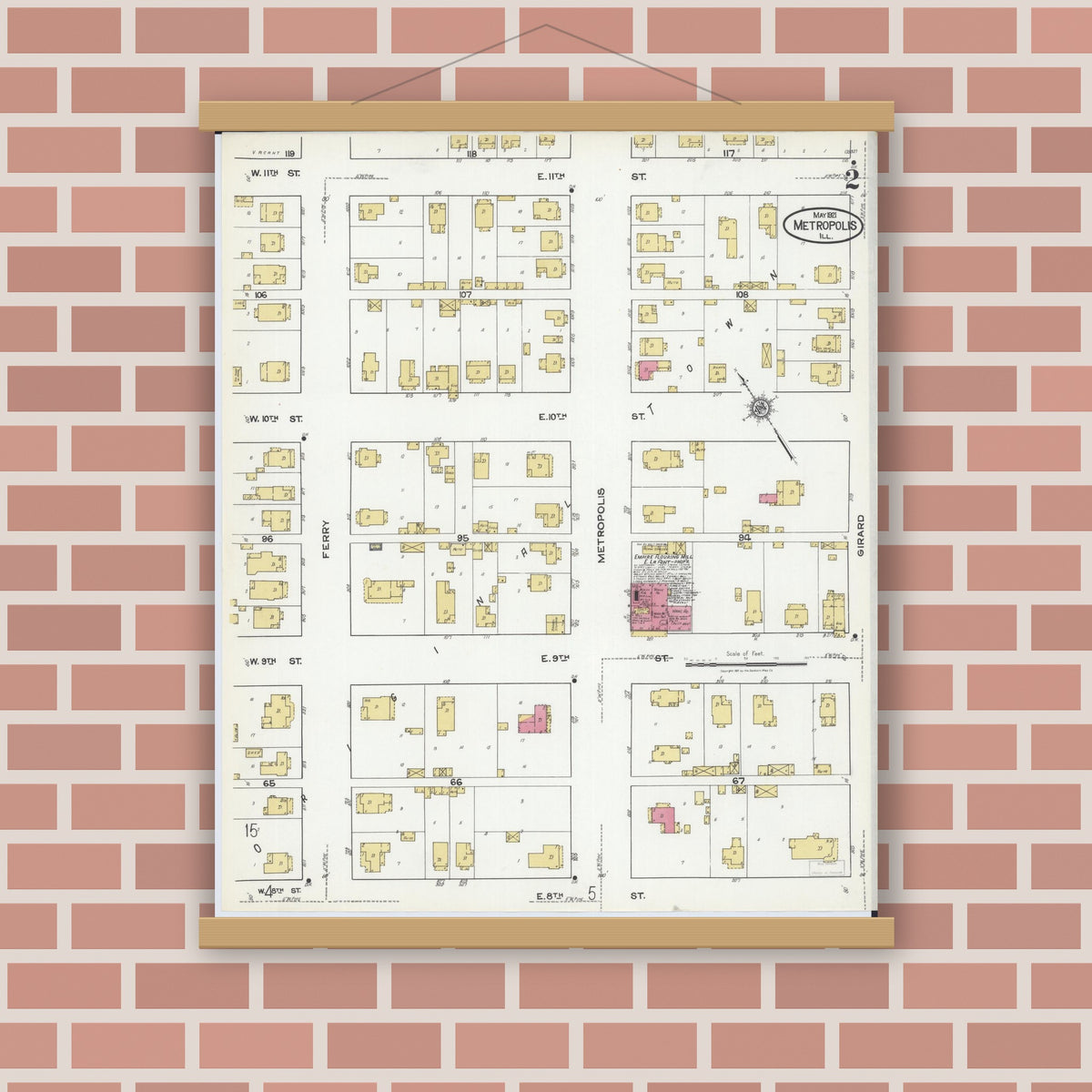 Old map wall art mockup — magnetic wood frame on brick wall — Sanborn Fire Insurance Map from Metropolis, Massac County, Illinois (1921), Sheet #0002