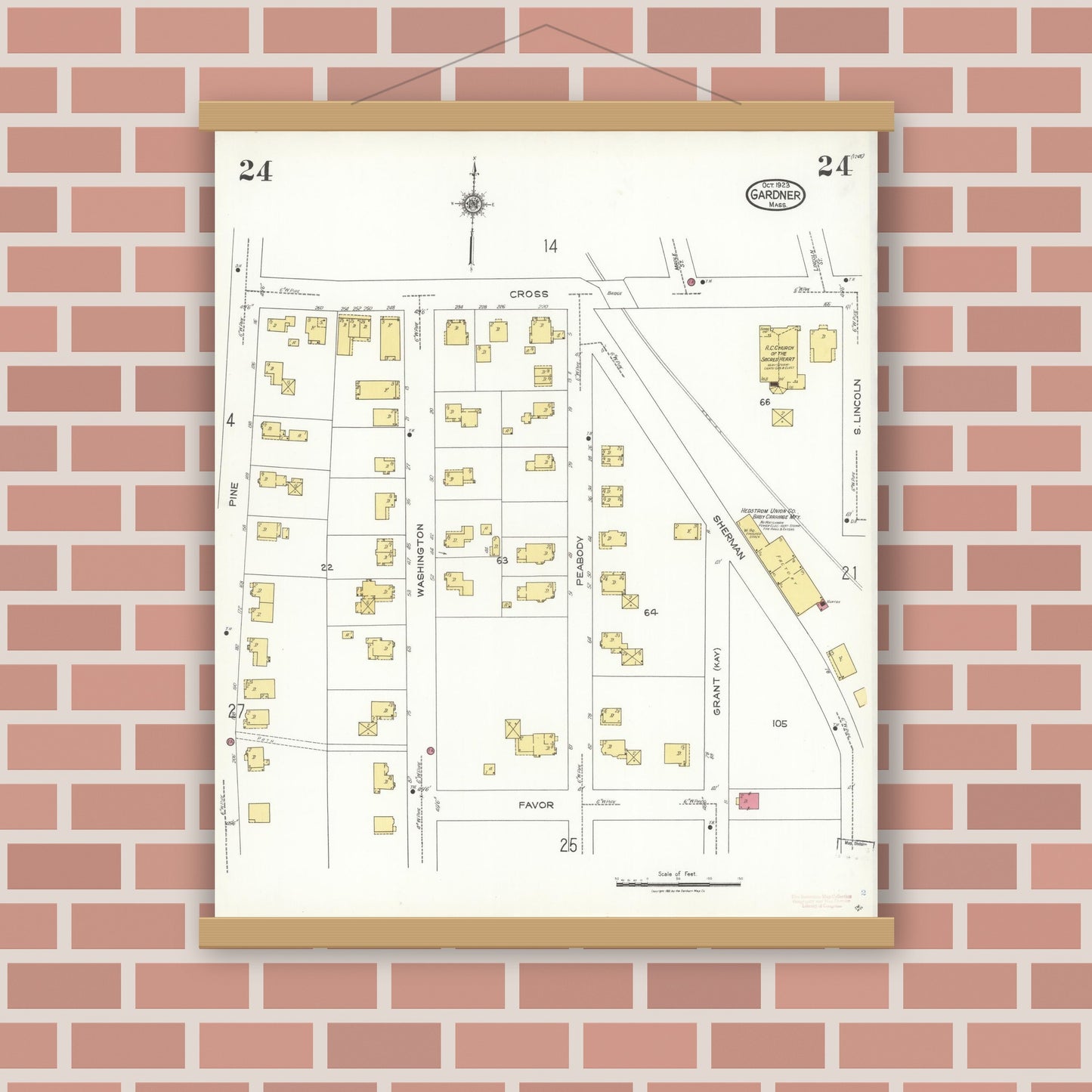 Old map wall art mockup — magnetic wood frame on brick wall — Sanborn Fire Insurance Map from Gardner, Worcester County, Massachusetts (1923), Sheet #0024