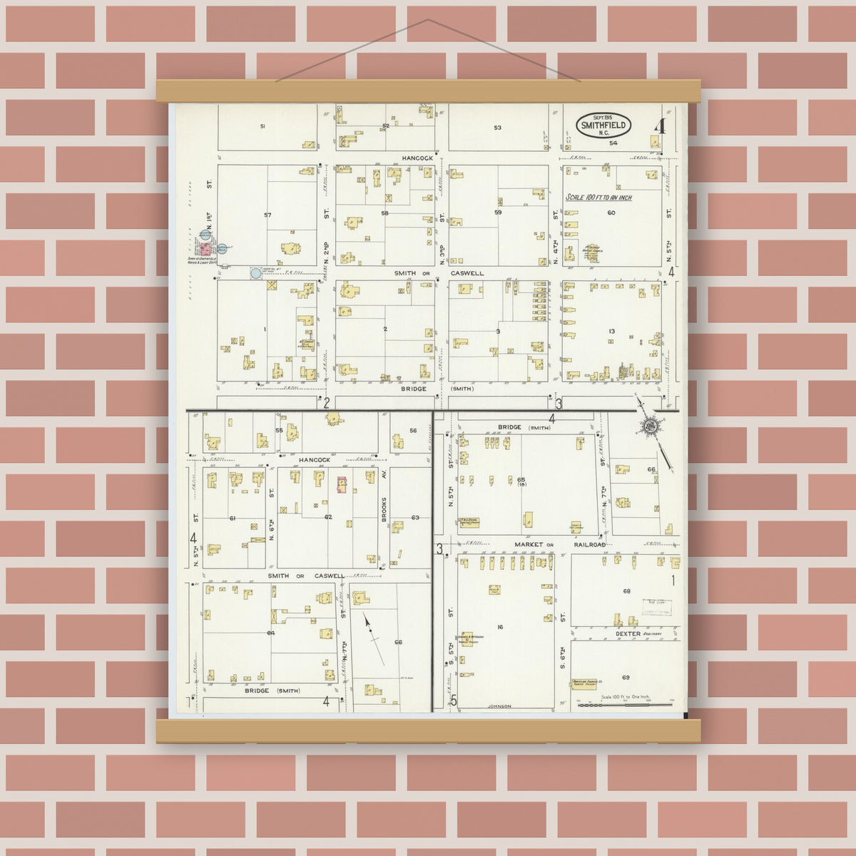 Old map wall art mockup — magnetic wood frame on brick wall — Sanborn Fire Insurance Map from Smithfield, Johnston County, North Carolina (1915), Sheet #0004