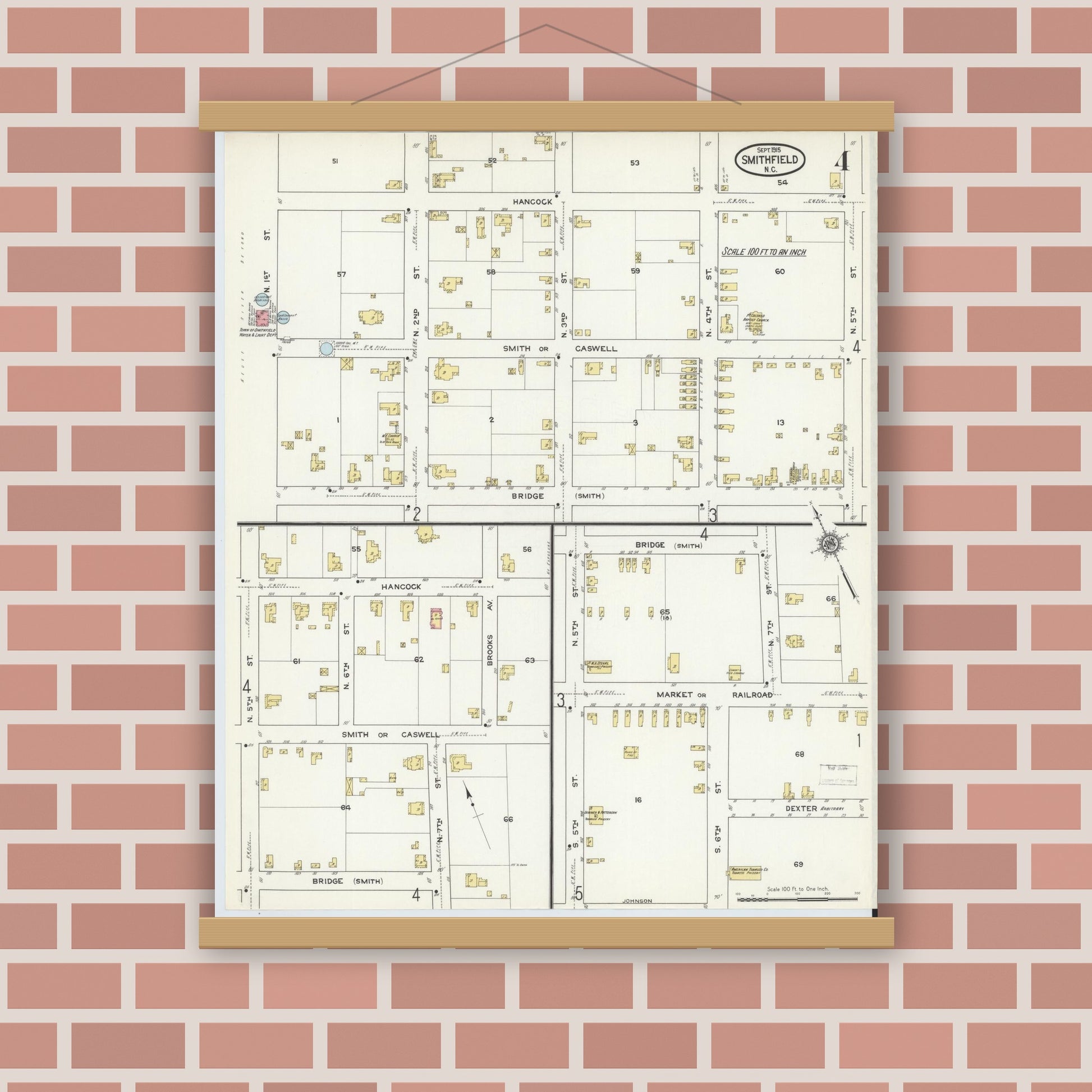 Old map wall art mockup — magnetic wood frame on brick wall — Sanborn Fire Insurance Map from Smithfield, Johnston County, North Carolina (1915), Sheet #0004