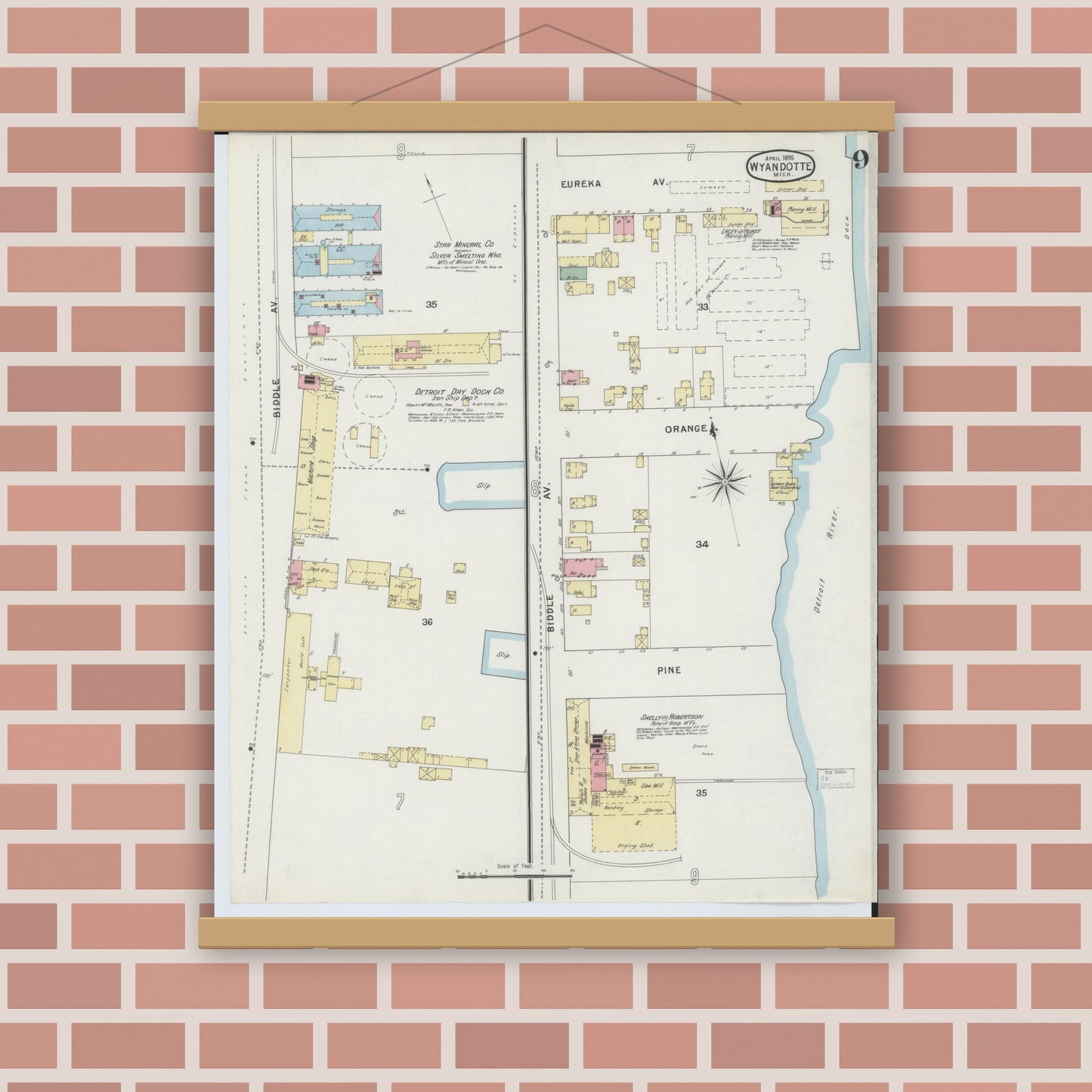 Old map wall art mockup — magnetic wood frame on brick wall — Sanborn Fire Insurance Map from Wyandotte, Wayne County, Michigan (1895), Sheet #0009