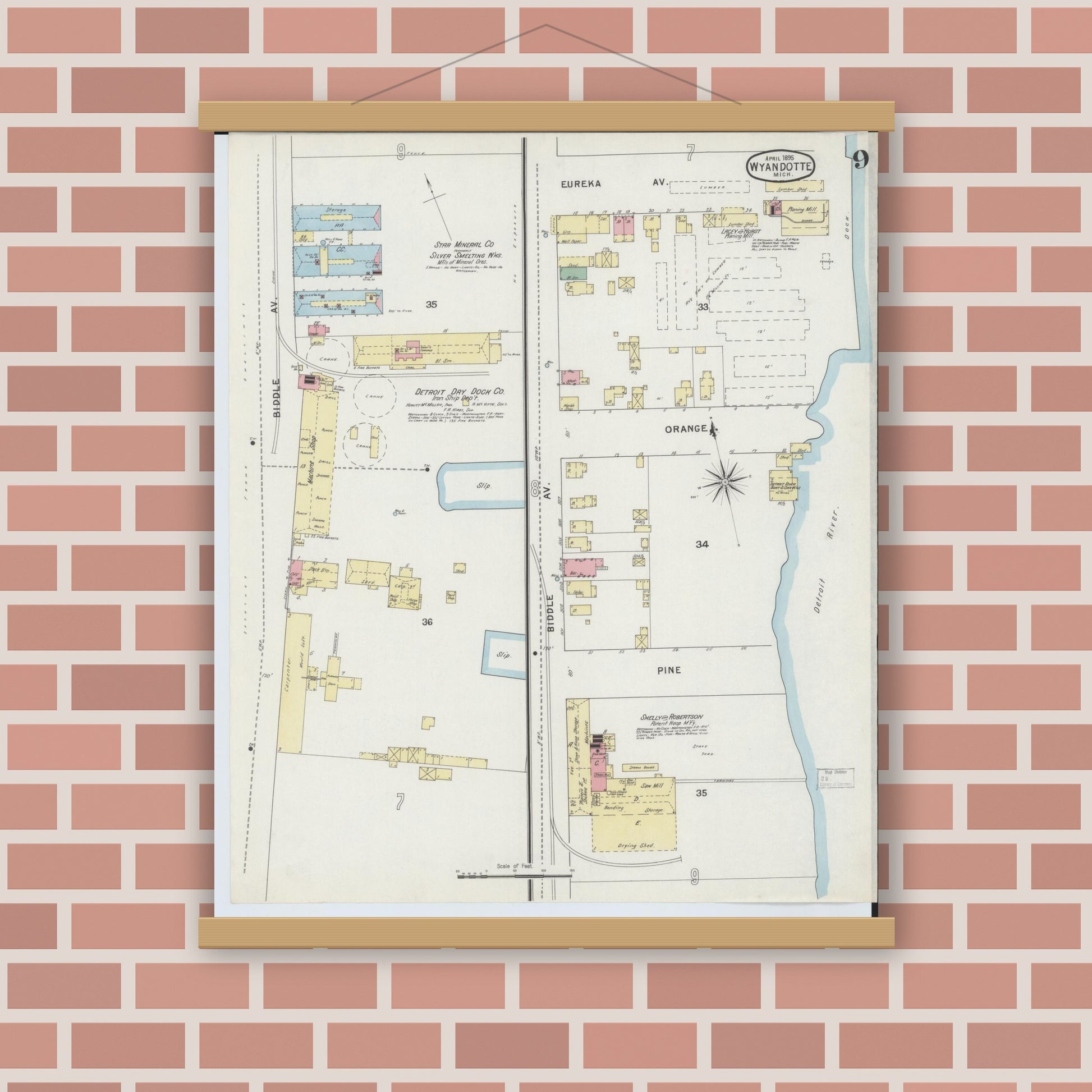 Old map wall art mockup — magnetic wood frame on brick wall — Sanborn Fire Insurance Map from Wyandotte, Wayne County, Michigan (1895), Sheet #0009
