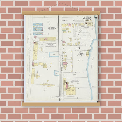Old map wall art mockup — magnetic wood frame on brick wall — Sanborn Fire Insurance Map from Wyandotte, Wayne County, Michigan (1895), Sheet #0009
