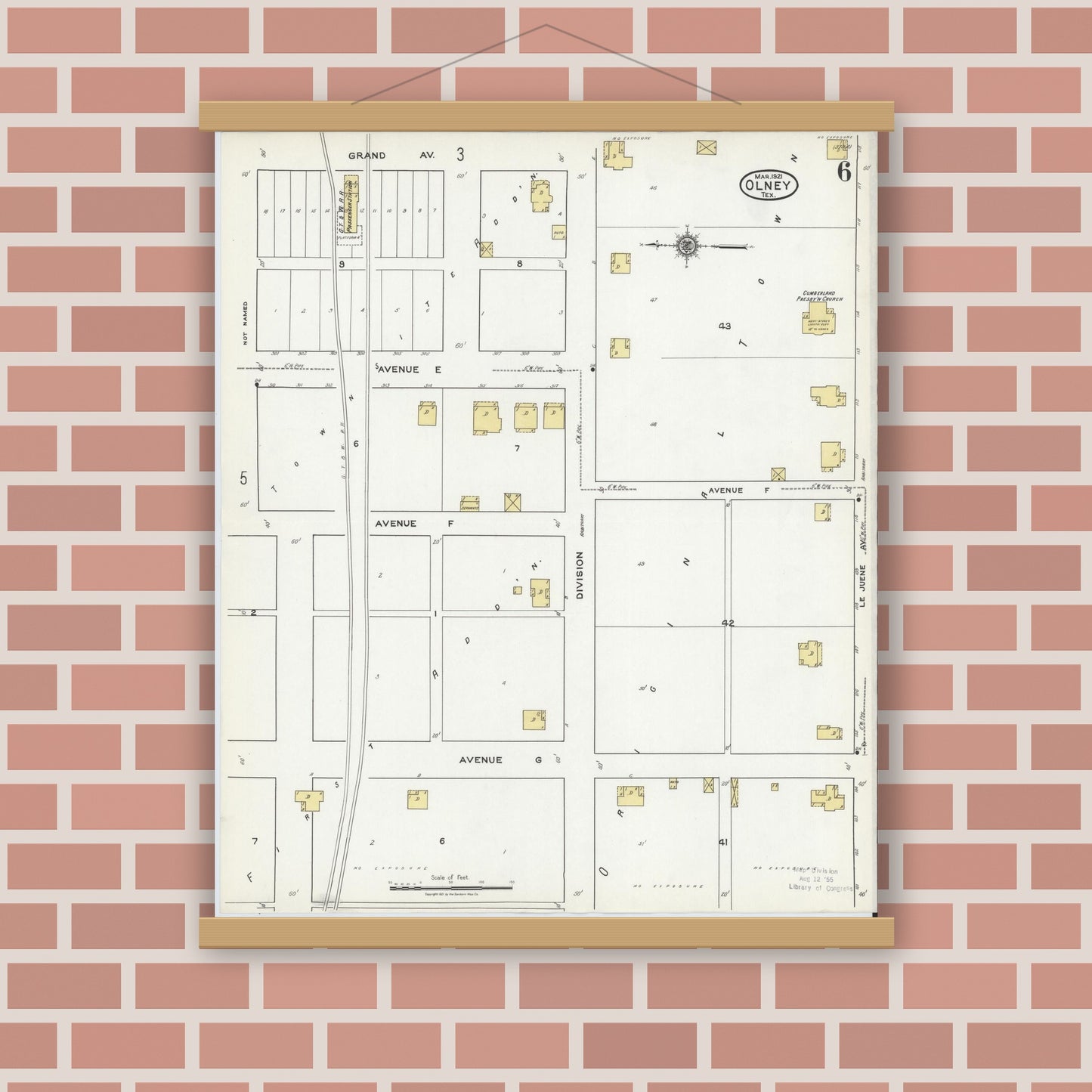 Old map wall art mockup — magnetic wood frame on brick wall — Sanborn Fire Insurance Map from Olney, Young County, Texas (1921), Sheet #0006