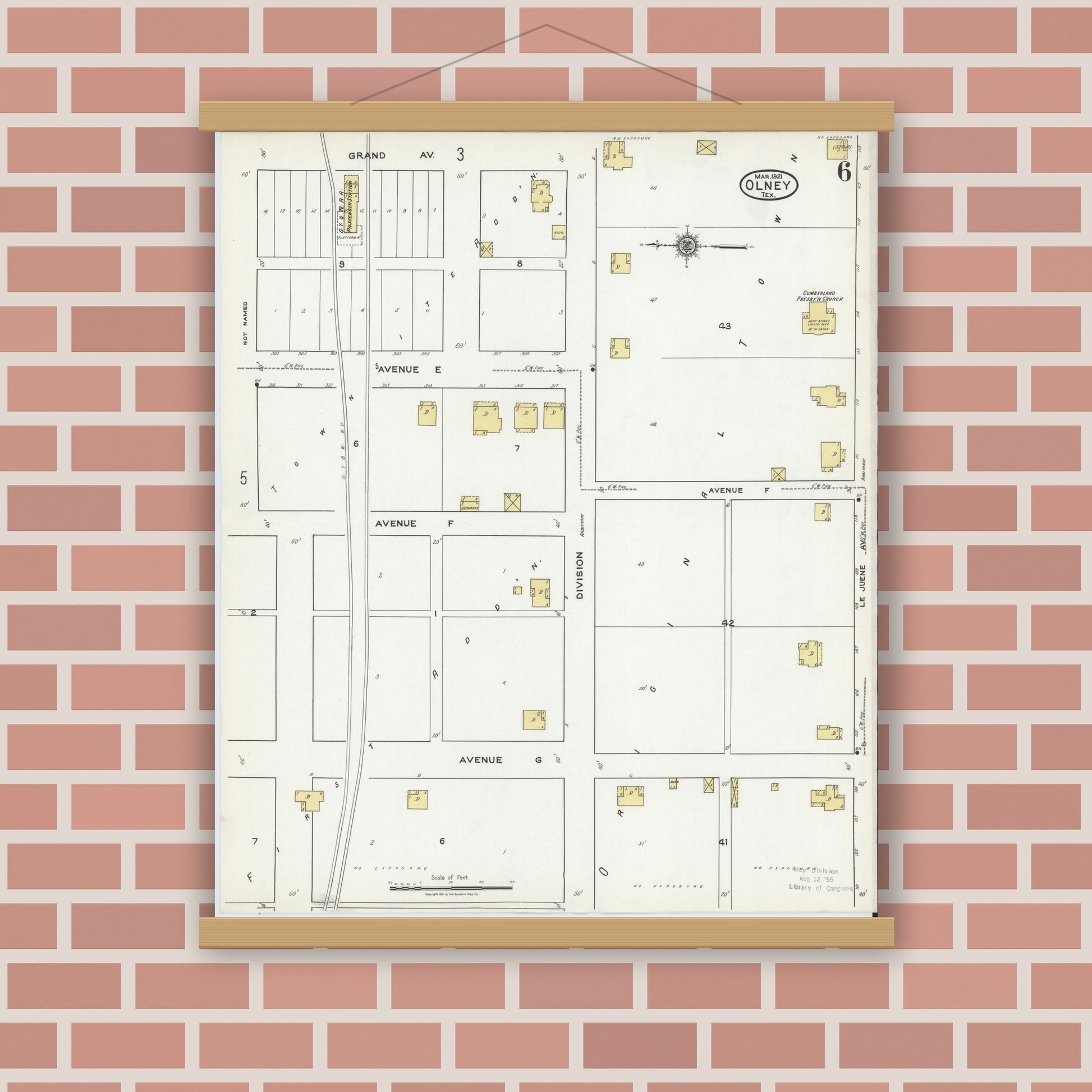 Old map wall art mockup — magnetic wood frame on brick wall — Sanborn Fire Insurance Map from Olney, Young County, Texas (1921), Sheet #0006