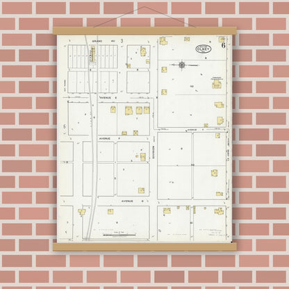 Old map wall art mockup — magnetic wood frame on brick wall — Sanborn Fire Insurance Map from Olney, Young County, Texas (1921), Sheet #0006