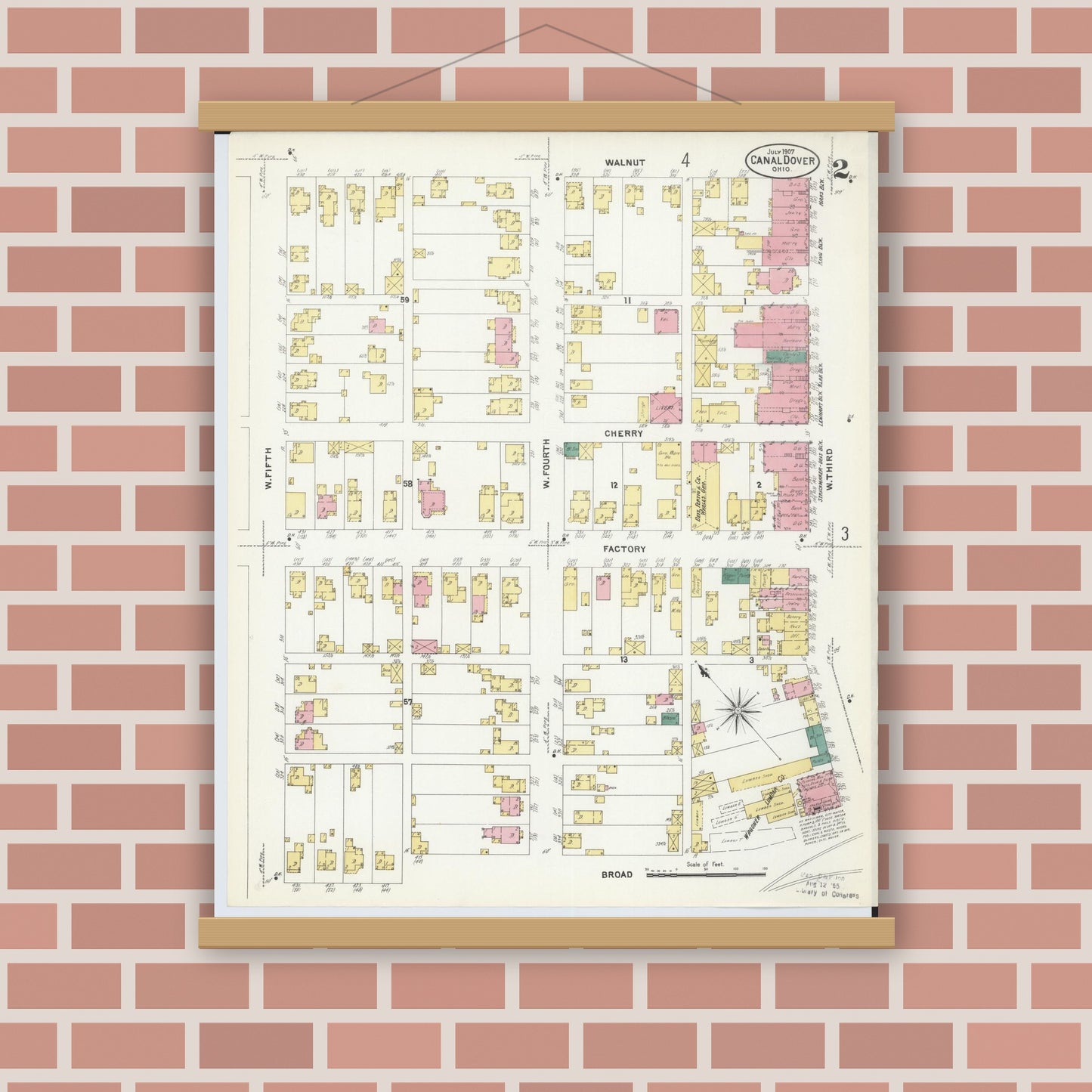 Old map wall art mockup — magnetic wood frame on brick wall — Sanborn Fire Insurance Map from Canal Dover, Tuscarawas County, Ohio (1907), Sheet #0002