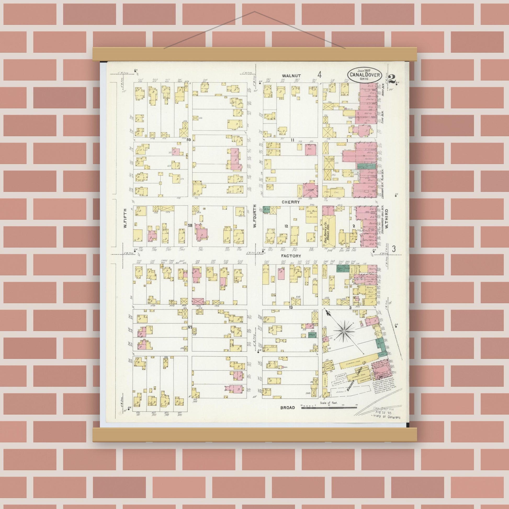 Old map wall art mockup — magnetic wood frame on brick wall — Sanborn Fire Insurance Map from Canal Dover, Tuscarawas County, Ohio (1907), Sheet #0002