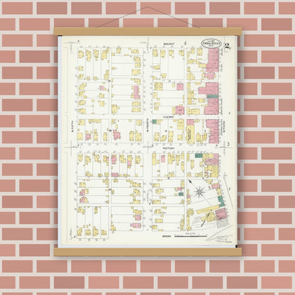 Old map wall art mockup — magnetic wood frame on brick wall — Sanborn Fire Insurance Map from Canal Dover, Tuscarawas County, Ohio (1907), Sheet #0002