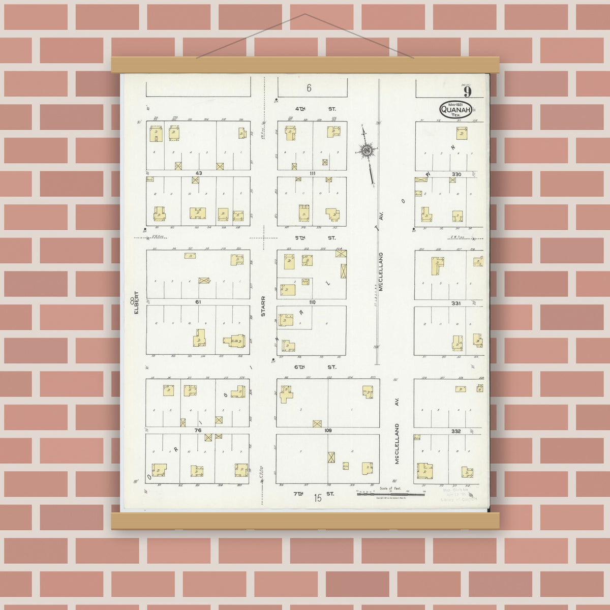 Old map wall art mockup — magnetic wood frame on brick wall — Sanborn Fire Insurance Map from Quanah, Hardeman County, Texas (1921), Sheet #0009