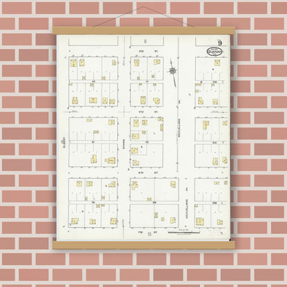Old map wall art mockup — magnetic wood frame on brick wall — Sanborn Fire Insurance Map from Quanah, Hardeman County, Texas (1921), Sheet #0009