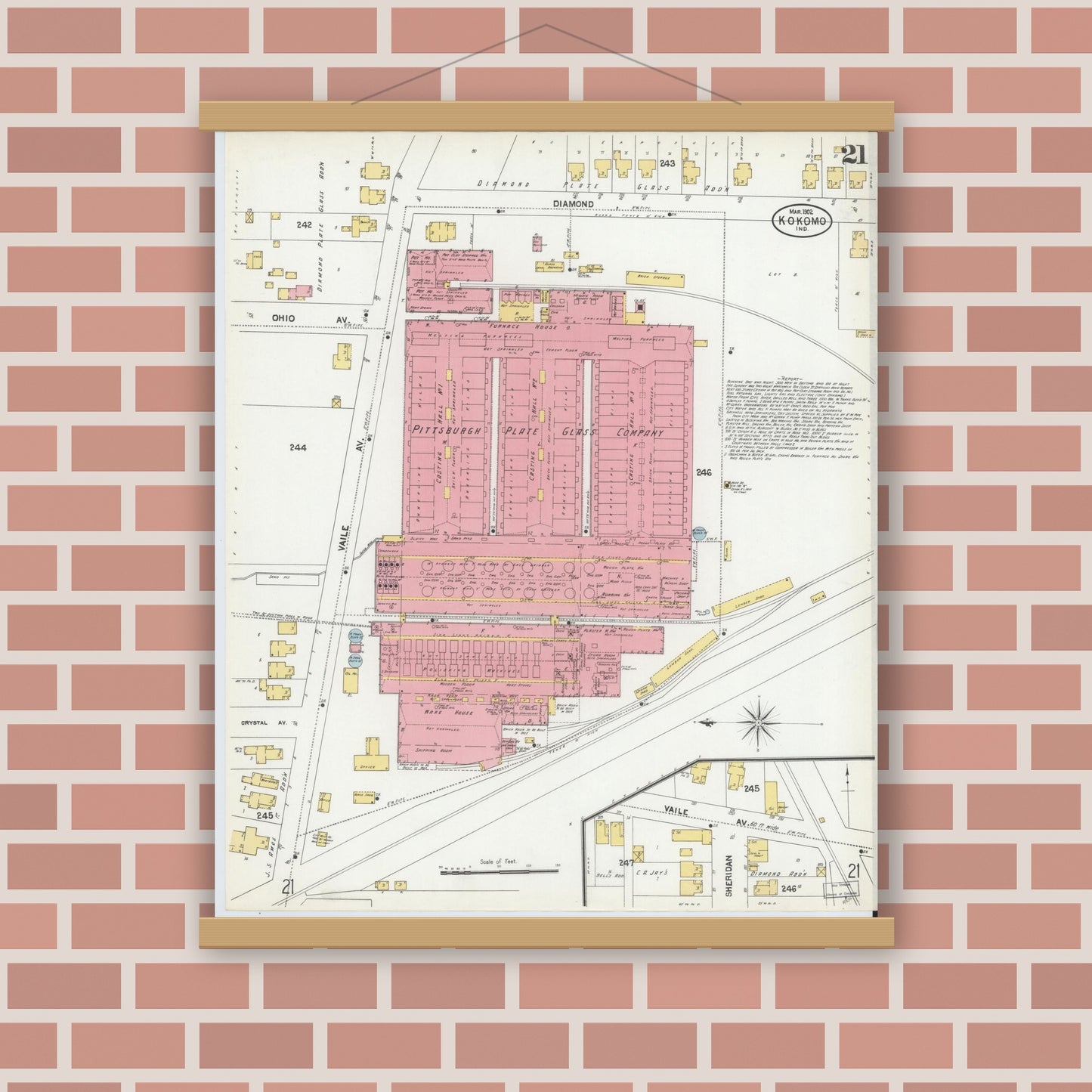 Old map wall art mockup — magnetic wood frame on brick wall — Sanborn Fire Insurance Map from Kokomo, Howard County, Indiana (1902), Sheet #0021