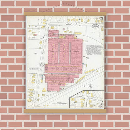 Old map wall art mockup — magnetic wood frame on brick wall — Sanborn Fire Insurance Map from Kokomo, Howard County, Indiana (1902), Sheet #0021