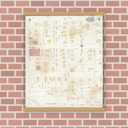 Old map wall art mockup — magnetic wood frame on brick wall — Sanborn Fire Insurance Map from Stanberry, Gentry County, Missouri (1940), Sheet #0003