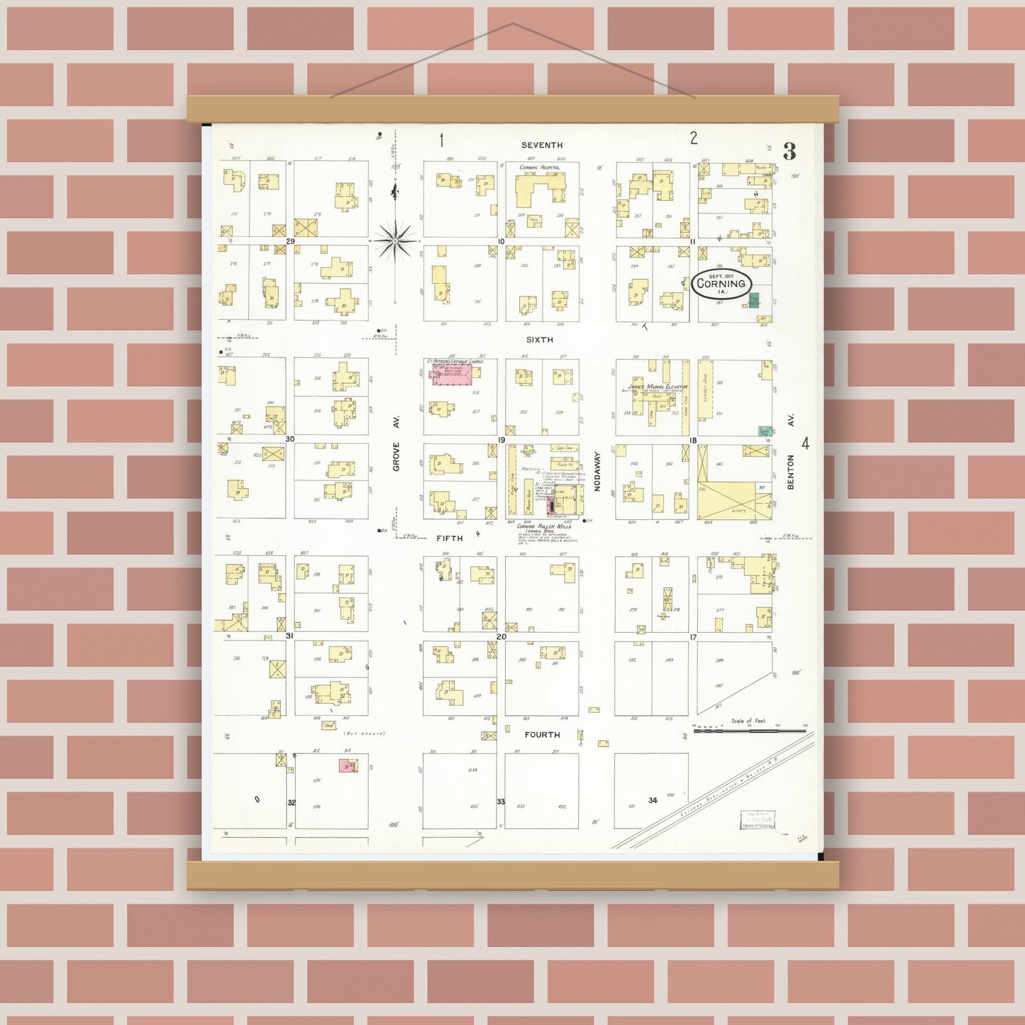 Old map wall art mockup — magnetic wood frame on brick wall — Sanborn Fire Insurance Map from Corning, Adams County, Iowa (1907), Sheet #0003