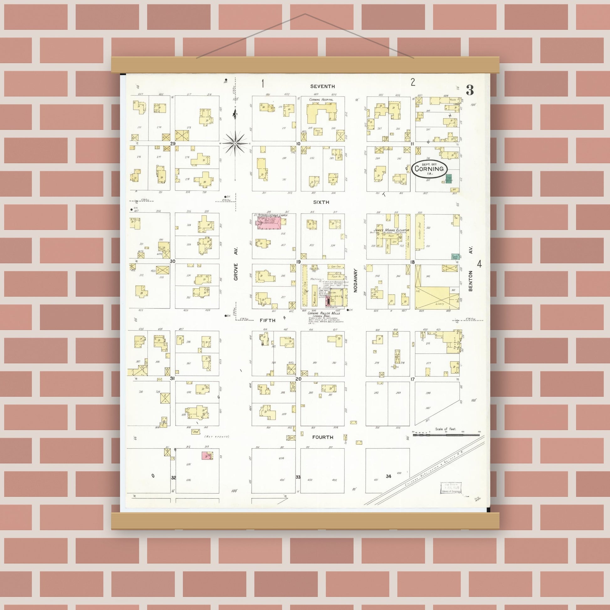 Old map wall art mockup — magnetic wood frame on brick wall — Sanborn Fire Insurance Map from Corning, Adams County, Iowa (1907), Sheet #0003