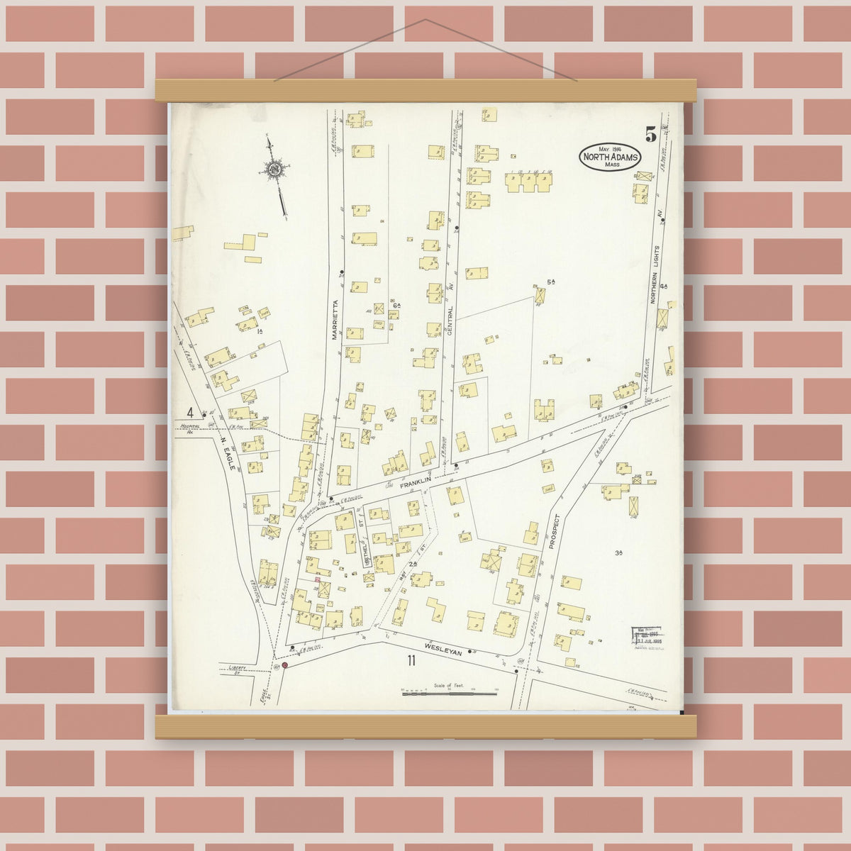 Old map wall art mockup — magnetic wood frame on brick wall — Sanborn Fire Insurance Map from North Adams, Berkshire County, Massachusetts (1914), Sheet #0005