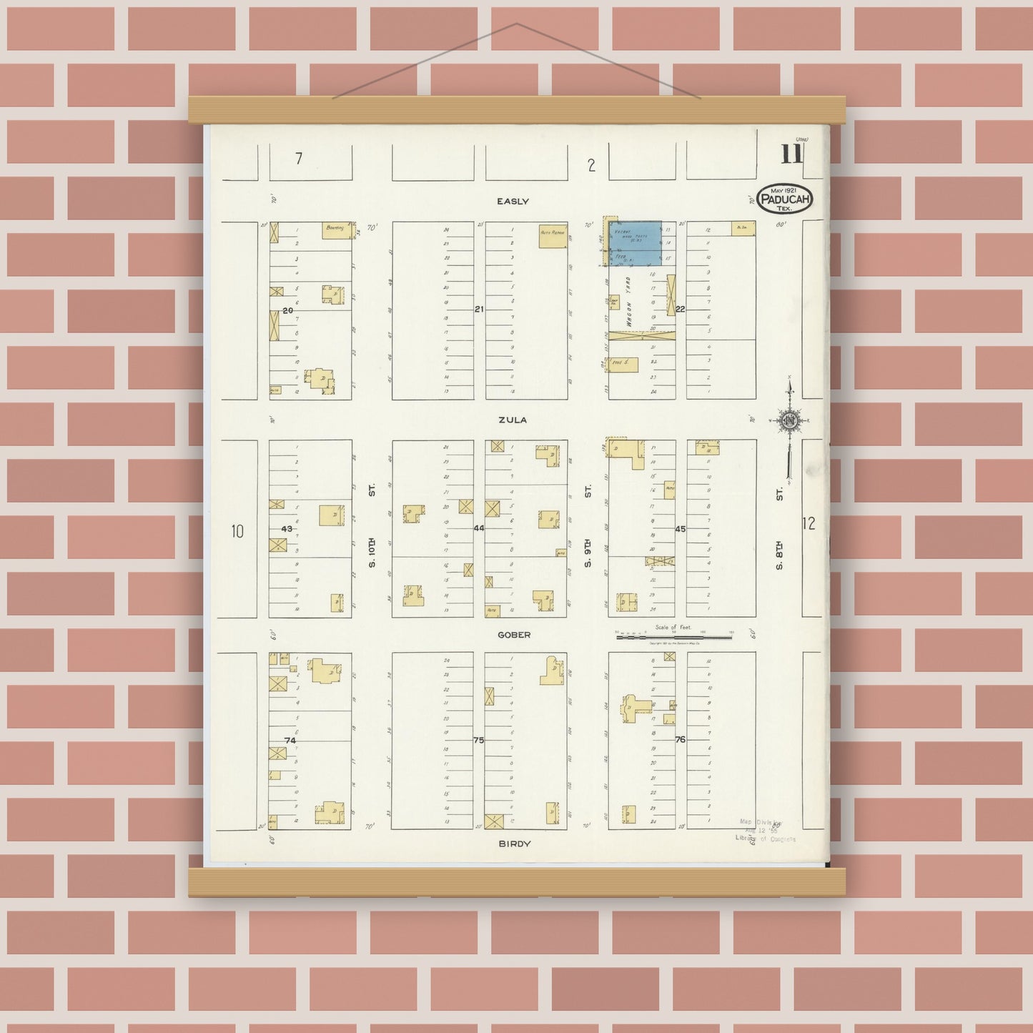 Old map wall art mockup — magnetic wood frame on brick wall — Sanborn Fire Insurance Map from Paducah, Cottle County, Texas (1921), Sheet #0011